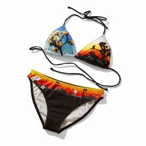 New Floral Sunset Triangle Bikini Set - Blue & Orange